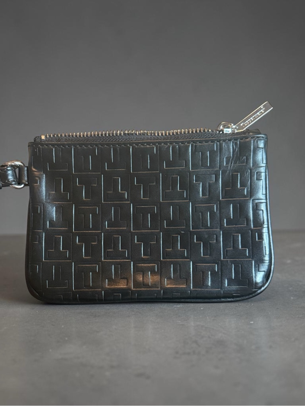 Tupperware Black Embossed Leather Wristlet Clutch